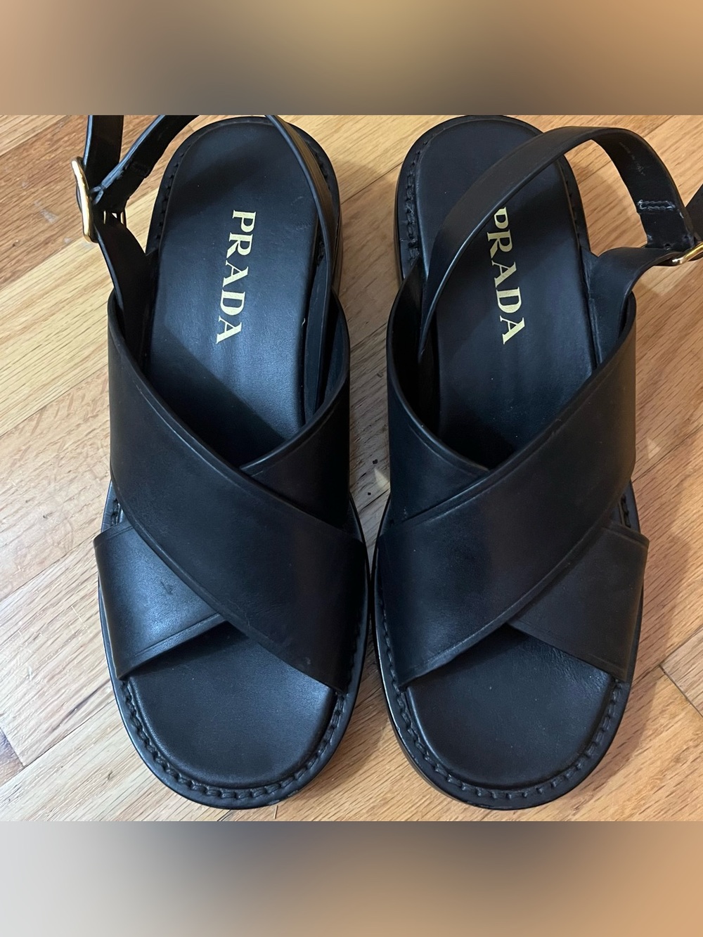 Prada Black Leather Crisscross Slingback Sandals 45mm Women's Size 37.5 7.5 - Picture 7 of 16